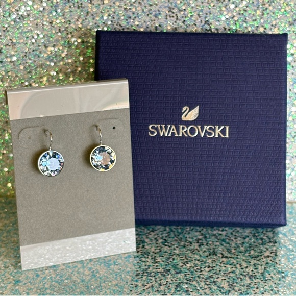 Authentic Swarovski MINI Bella Blue Crystal Bezel Rhodium Lever Back Earrings - Picture 12 of 16